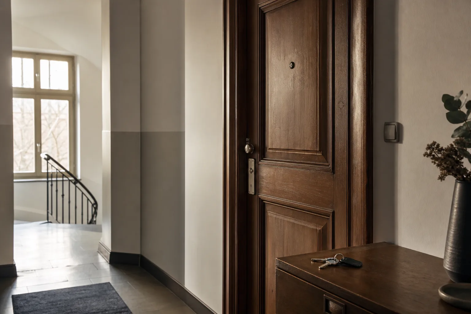 Geschlossene Wohnungstür in einem ruhigen Münchner Treppenhaus