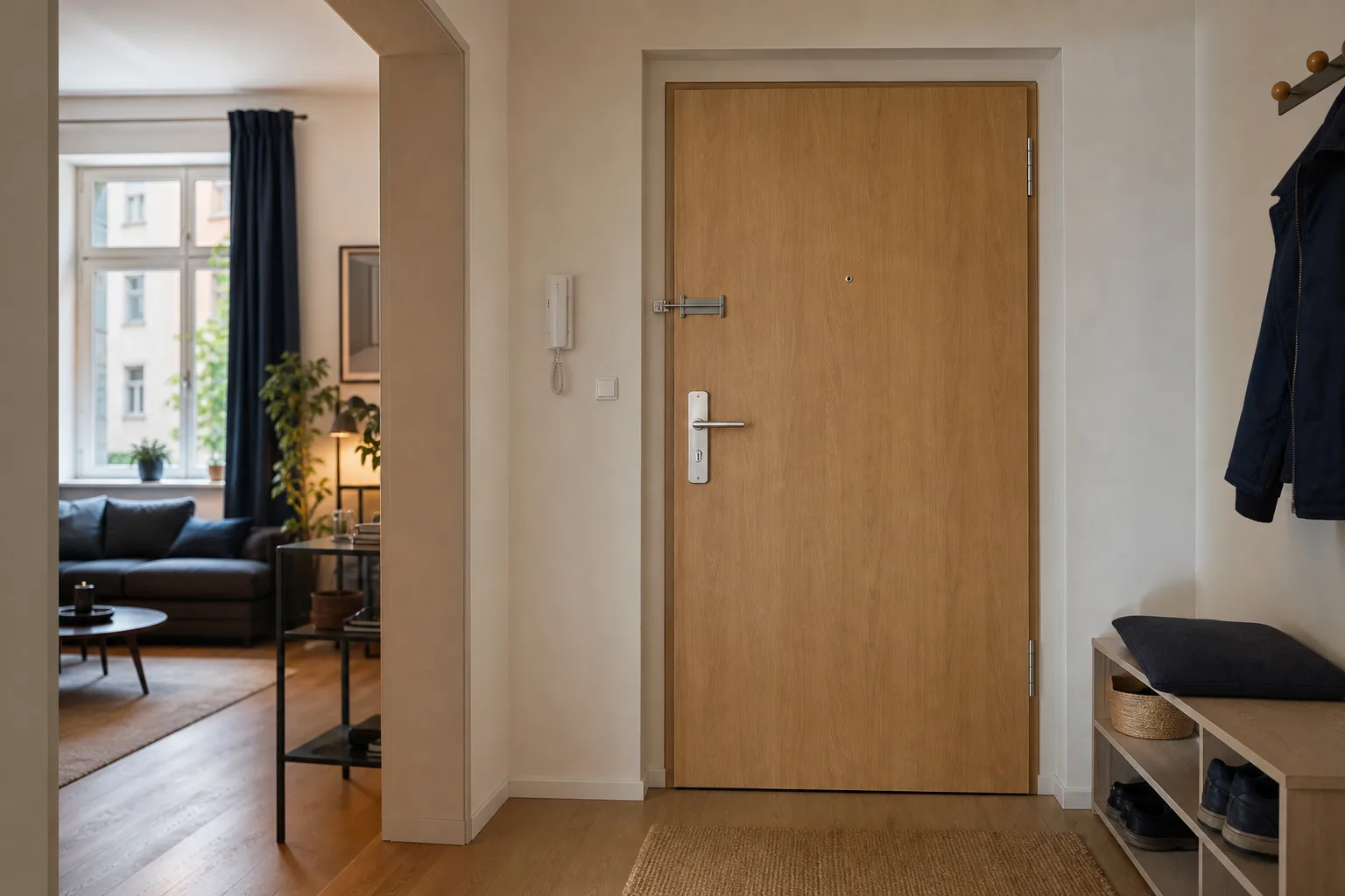Solide Wohnungstür mit Schutzbeschlag und stabiler Einfassung