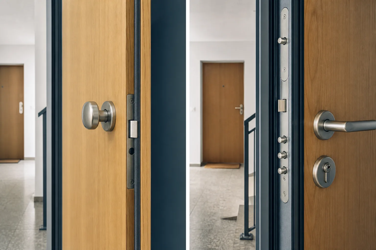 Vergleich von Falle und Verriegelung an zwei Wohnungstüren