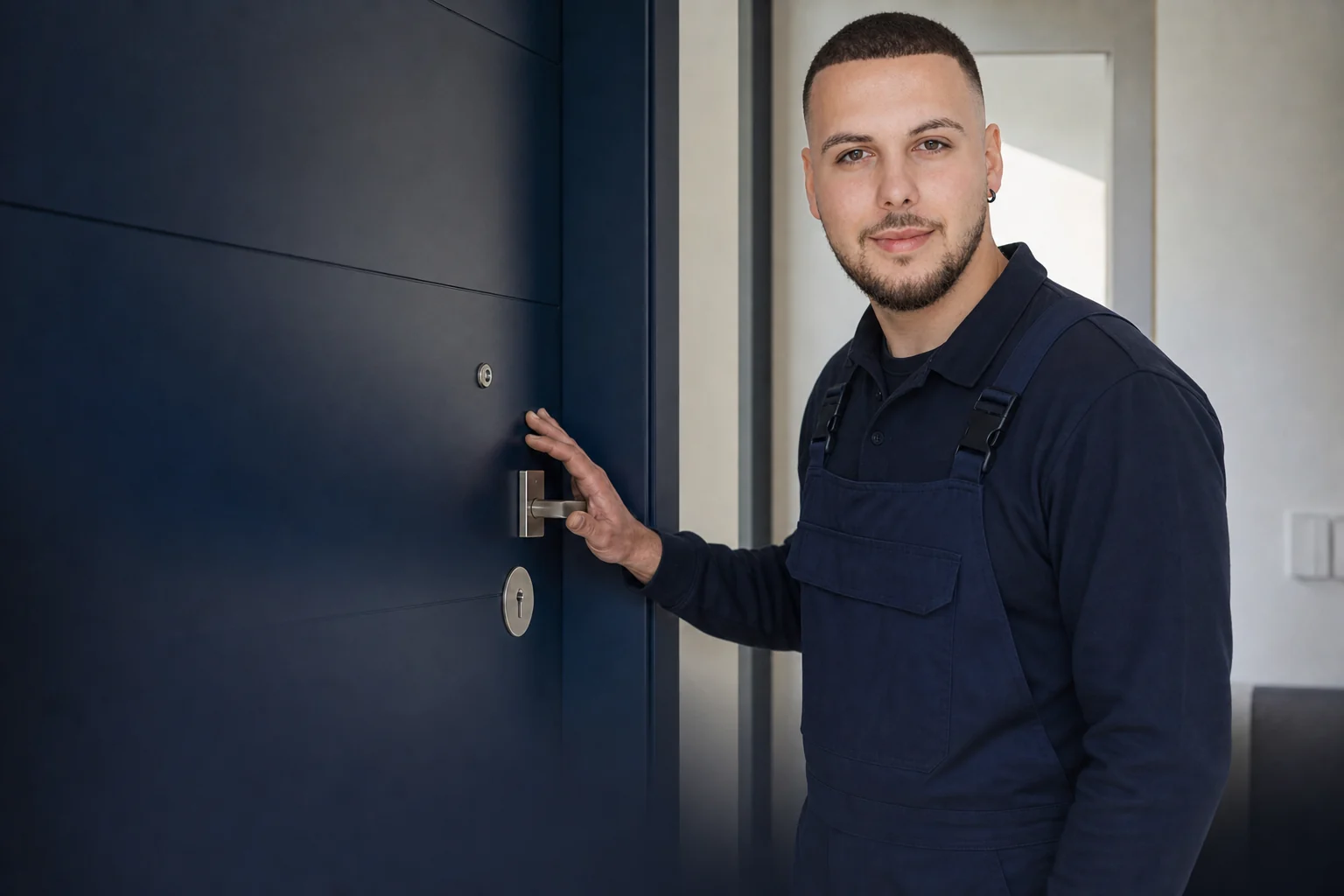 Semih Turan prüft eine moderne Wohnungstür